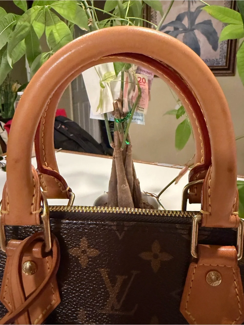 Louis Vuitton Monogram Alma BB Satchel in Brown and Natural Vachetta authentic